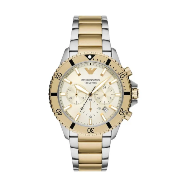 Emporio Armani Sea Explorer Ανδρικό Ρολόι 43mm Χρονογράφος Μπαταρίας με Χρυσό Μεταλλικό Μπρασελέ – AR11606