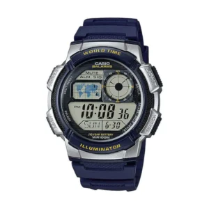 Casio World Time Illuminator Ψηφιακό Ανδρικό Ρολόι 44mm Χρονογράφος Μπαταρίας με Μπλε Καουτσούκ Λουράκι - AE-1000W-2AVEF