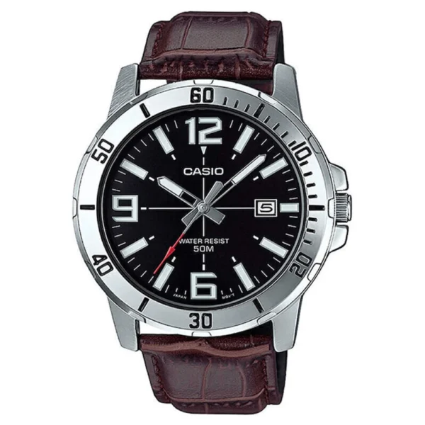 Casio Ανδρικό Ρολόι Μπαταρίας με Καφέ / Καφέ Δερμάτινο Λουράκι – MTP-VD01L-1BV