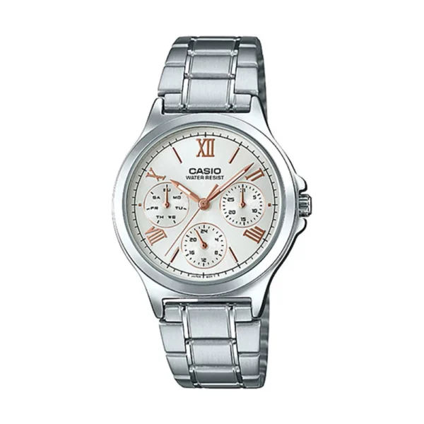 Casio Γυναικείο Ρολόι 33mm Χρονογράφος Μπαταρίας με Ασημί Μεταλλικό Μπρασελέ – LTP-V300D-7A2UDF
