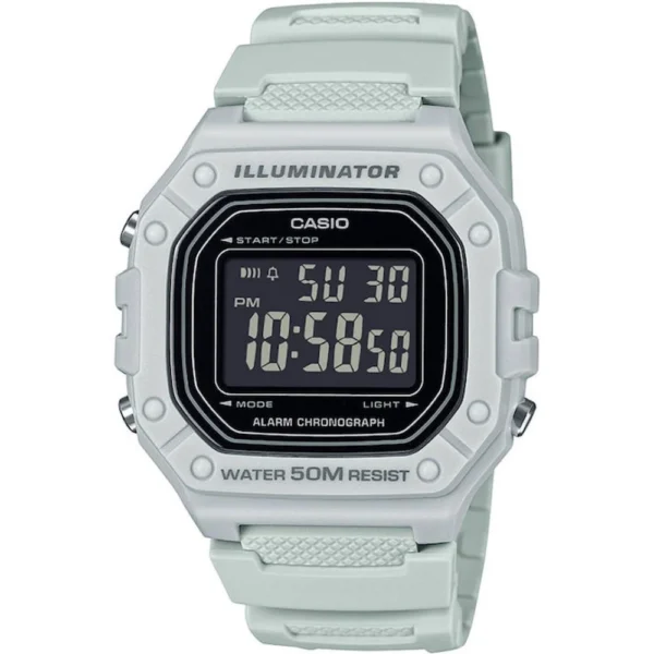 Casio Ψηφιακό Ανδρικό Ρολόι Μπαταρίας με Λευκό Καουτσούκ Λουράκι – W-218H-8BVEF