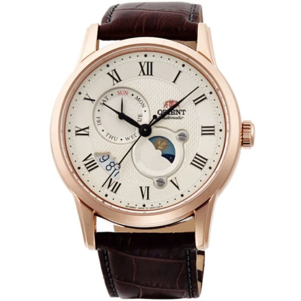 Orient Sun & Moon Ανδρικό Ρολόι Αυτόματο με Καφέ Δερμάτινο Λουράκι – RA-AK0007S30B