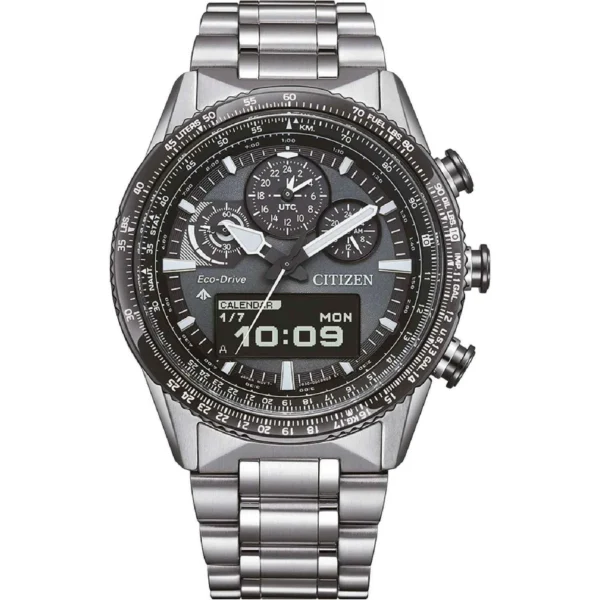 Ρολόι CITIZEN Promaster Sky EcoDrive Dual Time Chronograph Silver Steel Bracelet – JV2006-55H