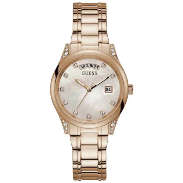 Guess Aura Γυναικείο Ρολόι 37mm Μπαταρίας με Ροζ Χρυσό Μεταλλικό Μπρασελέ – GW0047L2