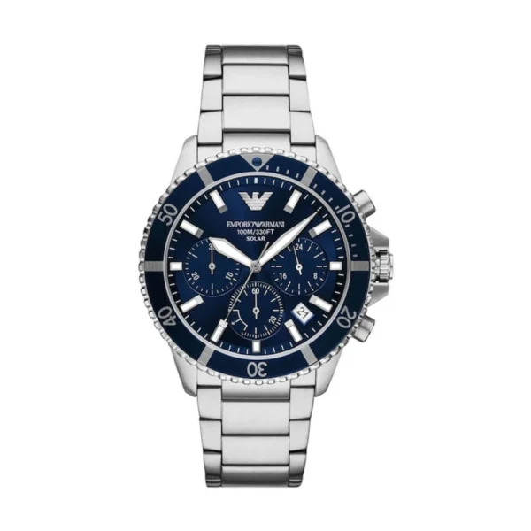 Emporio Armani Ανδρικό Ρολόι 43mm Χρονογράφος Solar με Ασημί Μεταλλικό Μπρασελέ – AR11681